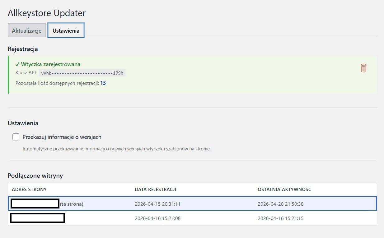 Allkeystore Updater — zakładka Ustawienia z polem rejestracji klucza API, informacją o pozostałych rejestracjach oraz listą podłączonych witryn