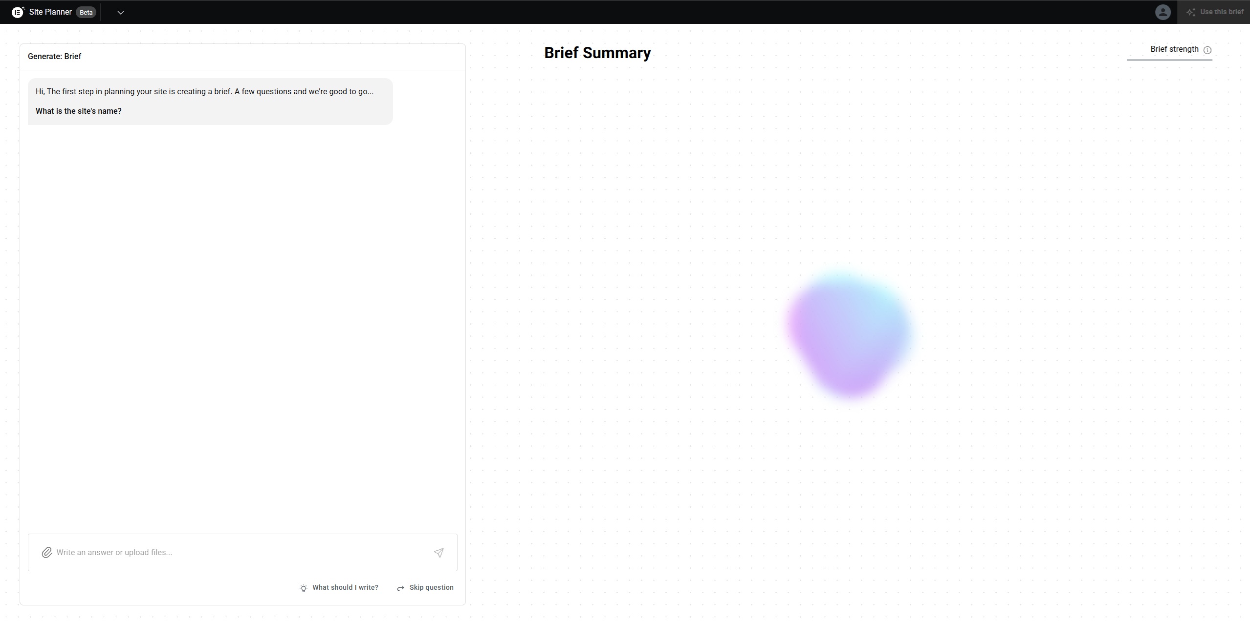 AI Site Planner Beta w trybie Generate: Brief z pierwszym pytaniem What is the site's name? oraz panelem Brief Summary po prawej