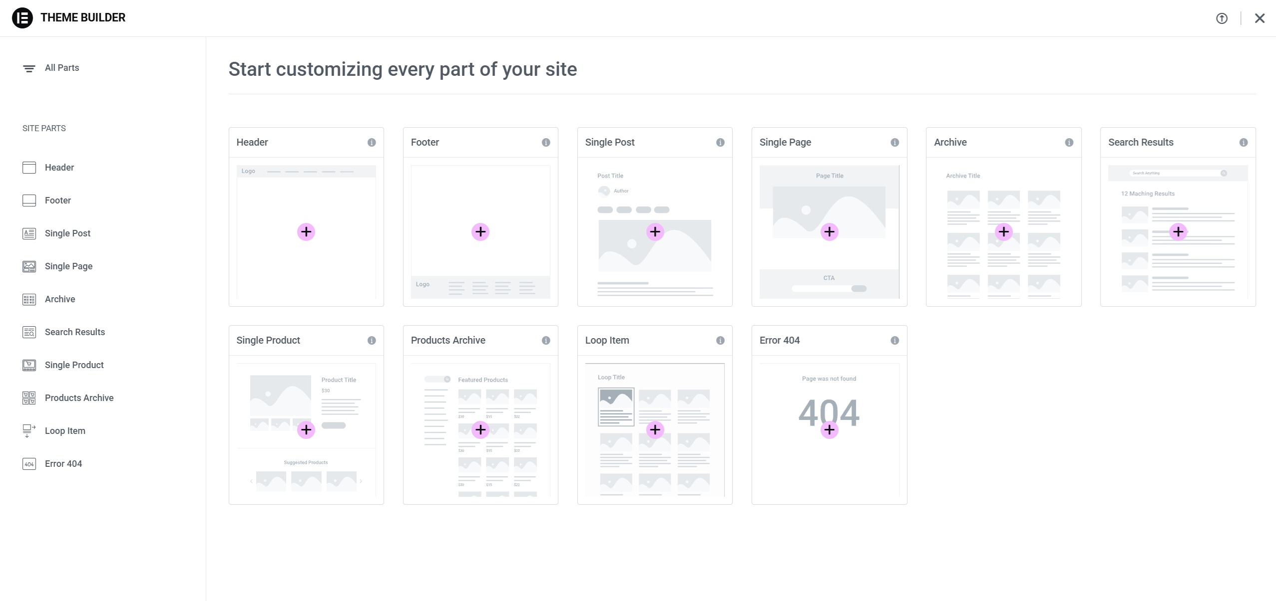 Theme Builder z kafelkami typów szablonów: Header, Footer, Single Post, Single Page, Archive, Search Results, Single Product, Products Archive, Loop Item, Error 404