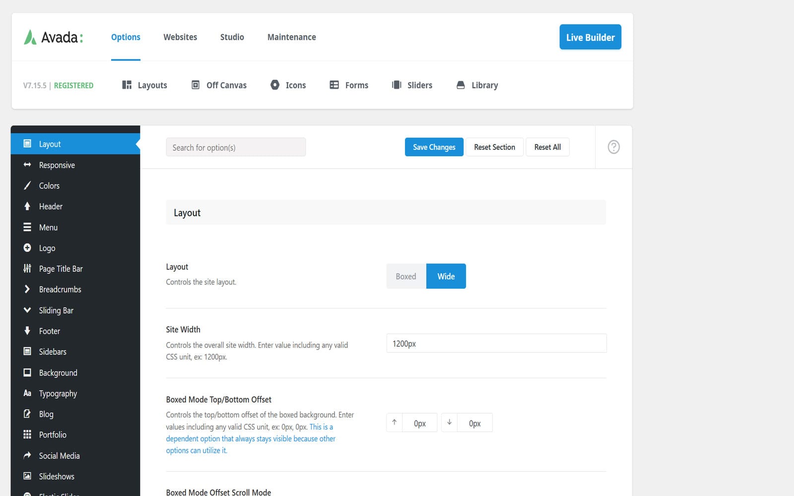Szablon Avada Responsive Multi-Purpose Theme Panel globalnych opcji Avada z zakładką Layout – przełącznik Boxed/Wide, ustawienie szerokości witryny 1200px i nawigacja po kategoriach opcji motywu