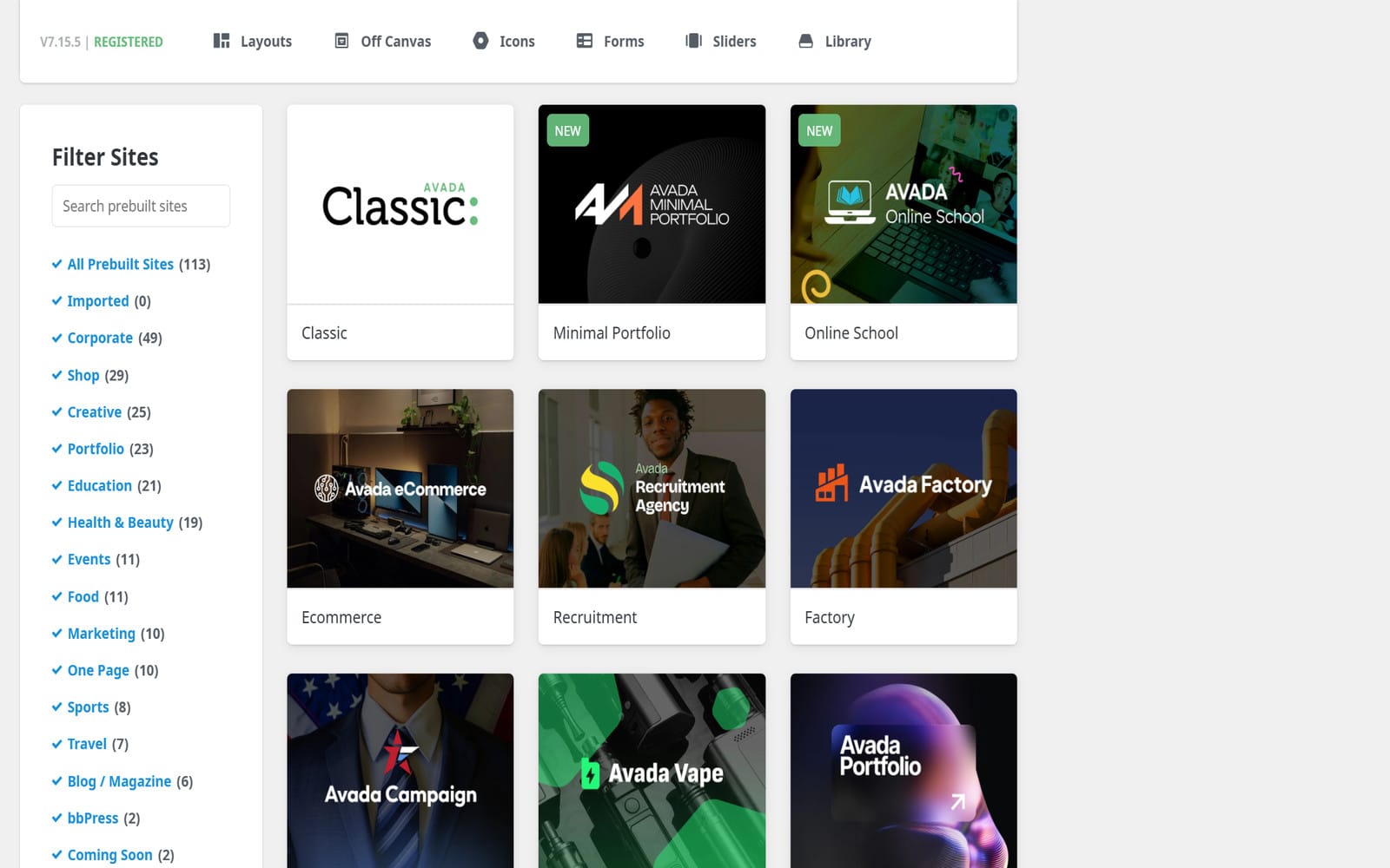 Szablon Avada Responsive Multi-Purpose Theme Biblioteka 113 gotowych stron startowych Avada z filtrowaniem po kategoriach Corporate, Shop, Creative i Portfolio oraz miniaturkami szablonów do importu jednym kliknięciem