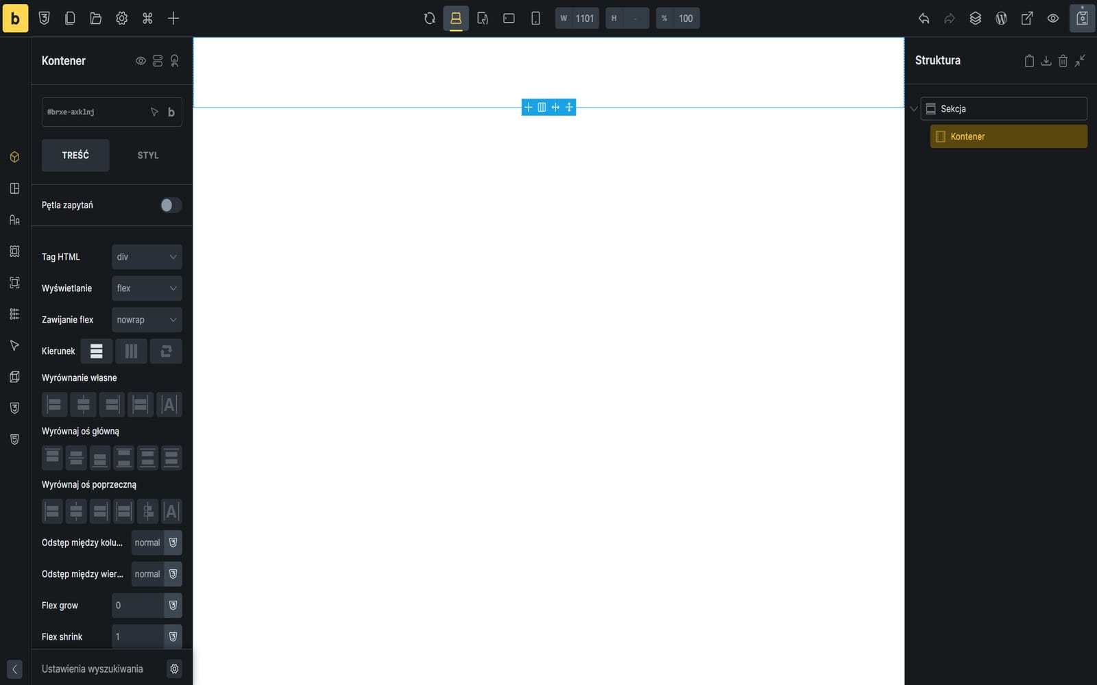 Szablon Bricks Builder Panel ustawień Kontenera z włączoną Pętlą zapytań i opcjami układu Flexbox, takimi jak kierunek, wyrównanie osi i zawijanie