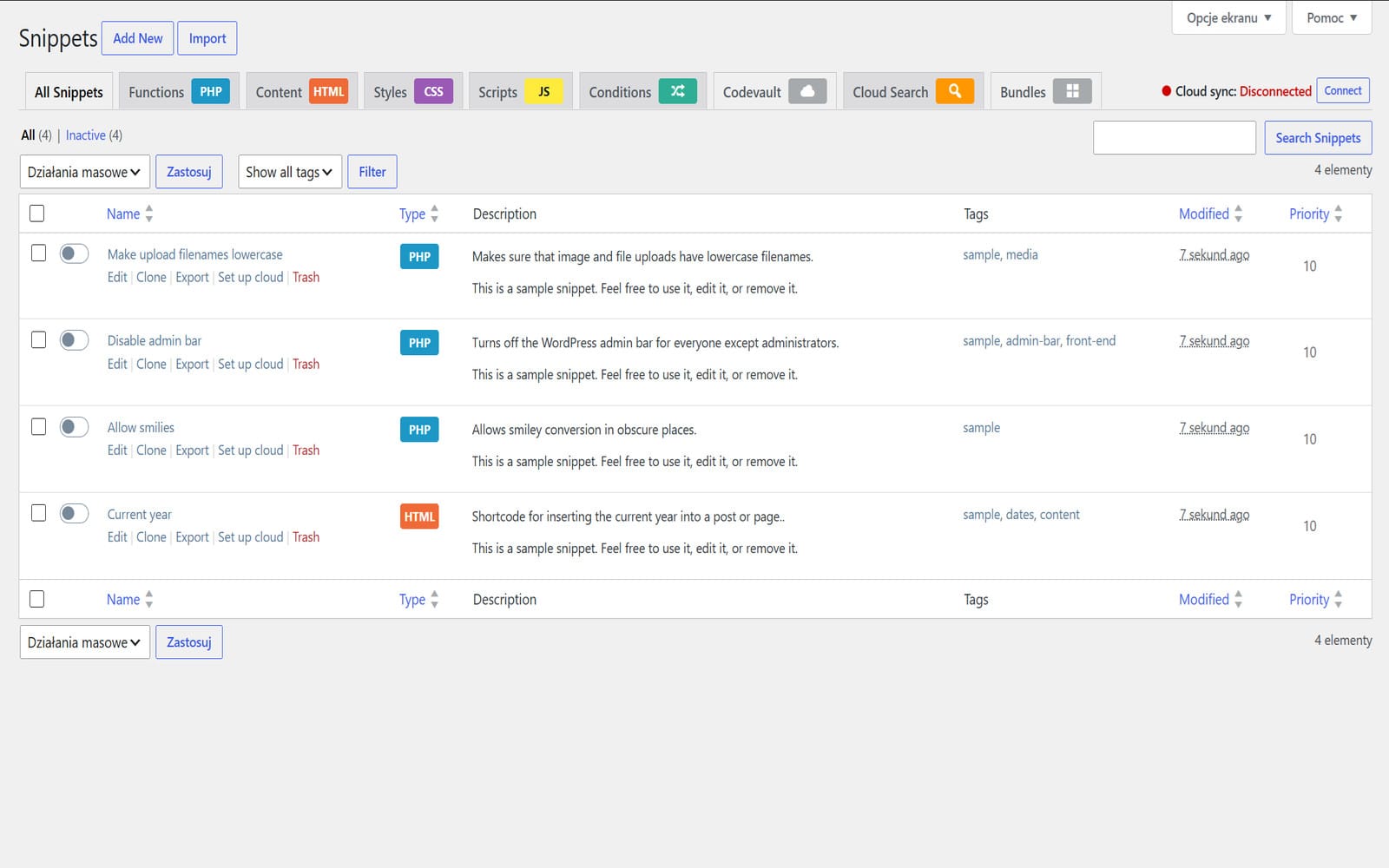 Wtyczka Code Snippets Pro Lista snippetów w panelu Code Snippets Pro z zakładkami typów kodu (PHP, HTML, CSS, JS) oraz czterema przykładowymi fragmentami wyświetlanymi z opisem, tagami i priorytetem.