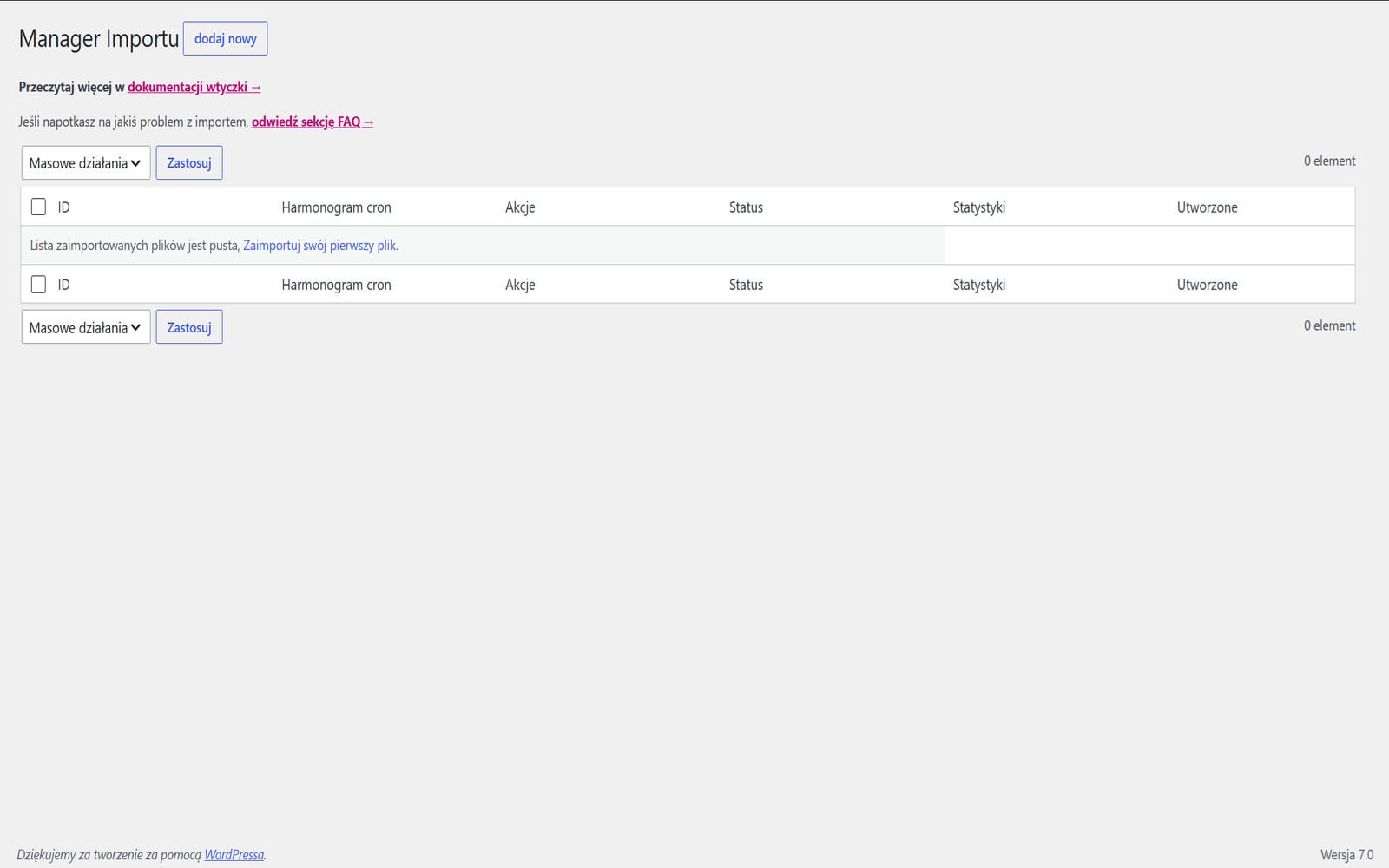 Wtyczka WP Desk Dropshipping XML WooCommerce Pro Panel Manager Importu wtyczki z listą konfiguracji i kolumnami: Harmonogram cron, Akcje, Status, Statystyki