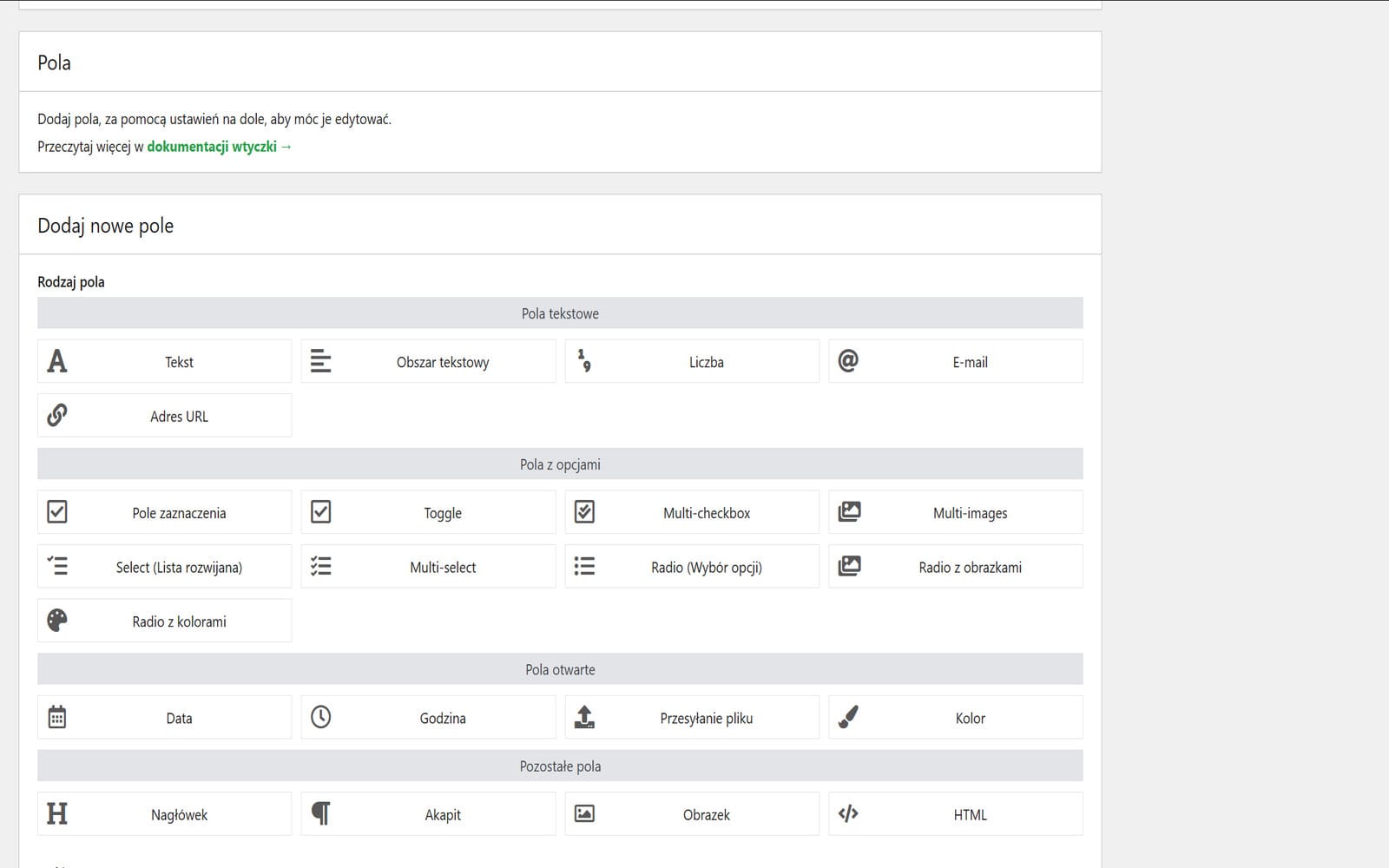 Wtyczka Flexible Product Fields Pro WP Desk Panel wyboru typu nowego pola w Flexible Product Fields PRO z klasyfikacją na grupy: tekstowe, z opcjami, otwarte i pozostałe