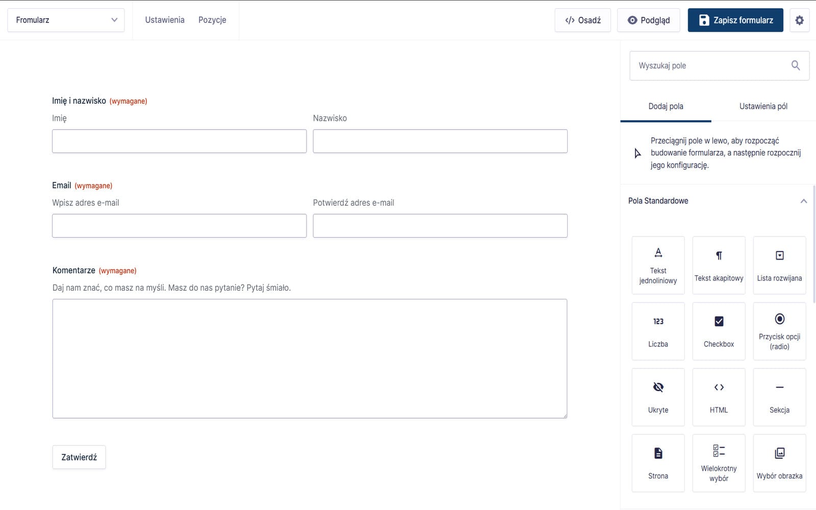Wtyczka Gravity Forms Premium Wordpress Edytor formularzy Gravity Forms z formularzem kontaktowym w widoku przeciągnij i upuść oraz panelem typów pól standardowych po prawej stronie.