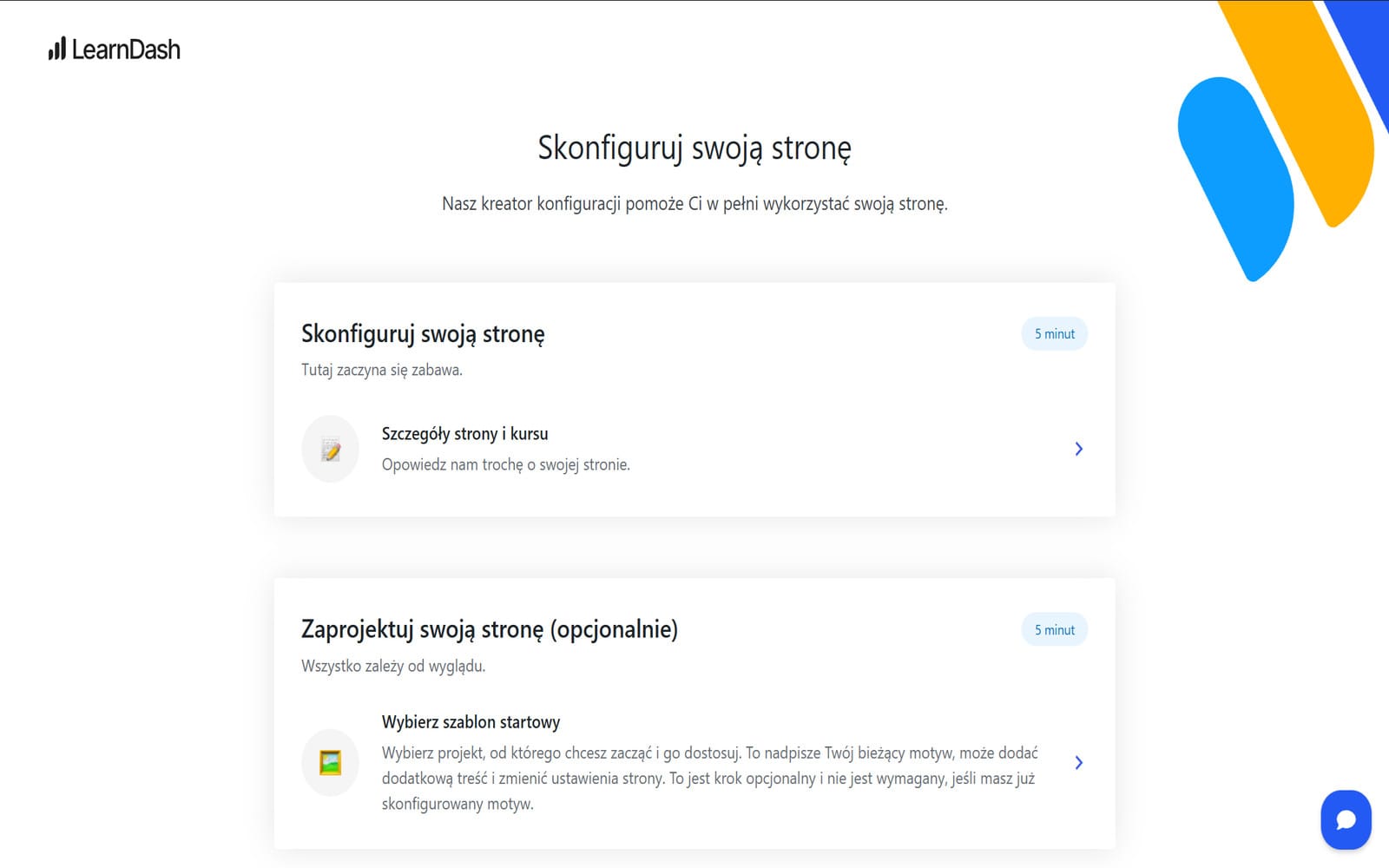 Wtyczka Learndash LMS Wordpress Plugin + Certificate Builder Kreator konfiguracji LearnDash LMS z krokami wdrożenia strony i wyboru szablonu startowego