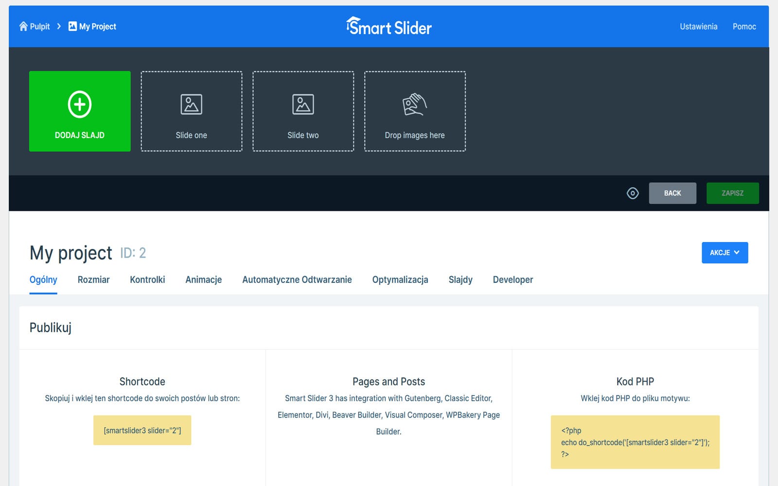 Wtyczka Smart Slider 3 Pro + Szablony Panel zarządzania projektem Smart Slider 3 z widokiem slajdów i sekcją Publikuj prezentującą opcje osadzania przez shortcode, blok strony i kod PHP.
