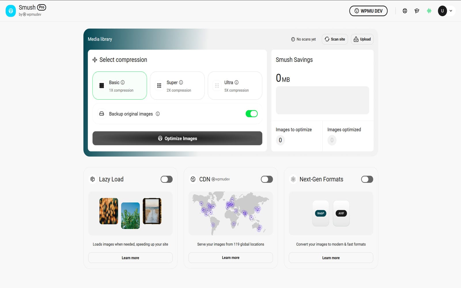 Wtyczka WPMU DEV WP Smush Pro Plugin Panel główny Smush Pro z wyborem poziomu kompresji (Basic, Super, Ultra), przełącznikiem CDN ze 119 lokalizacjami i sekcją formatów nowej generacji WebP i AVIF
