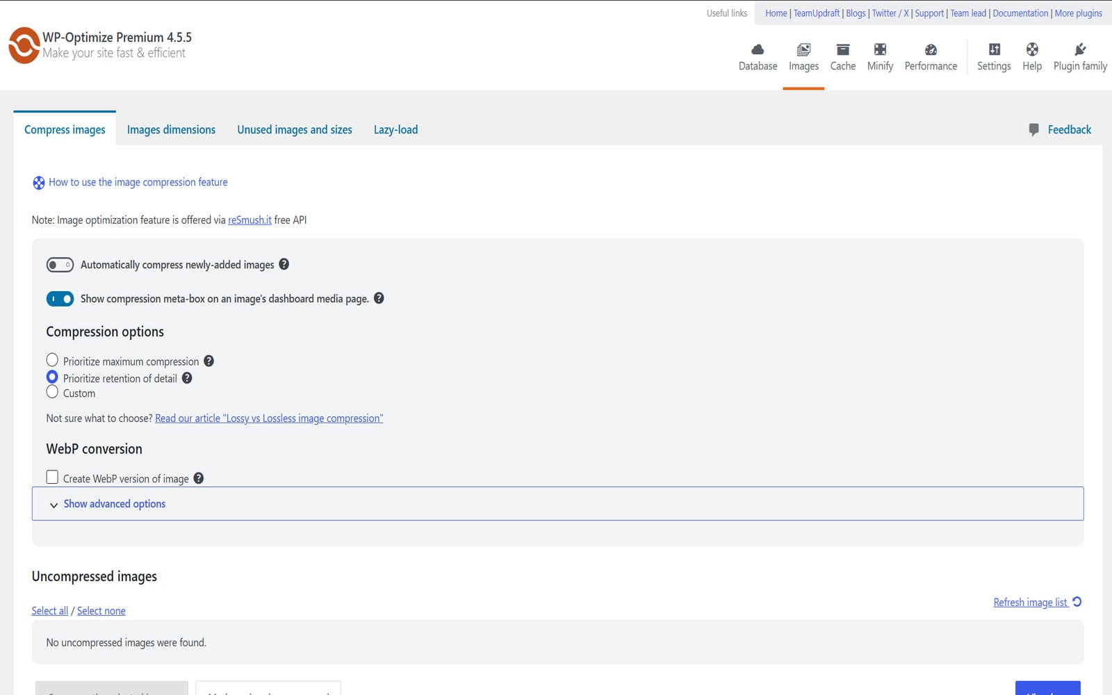 WP Optimize Premium-Plugin Zakładka Compress images z opcjami kompresji i konwersją WebP oraz listą nieskompresowanych obrazów