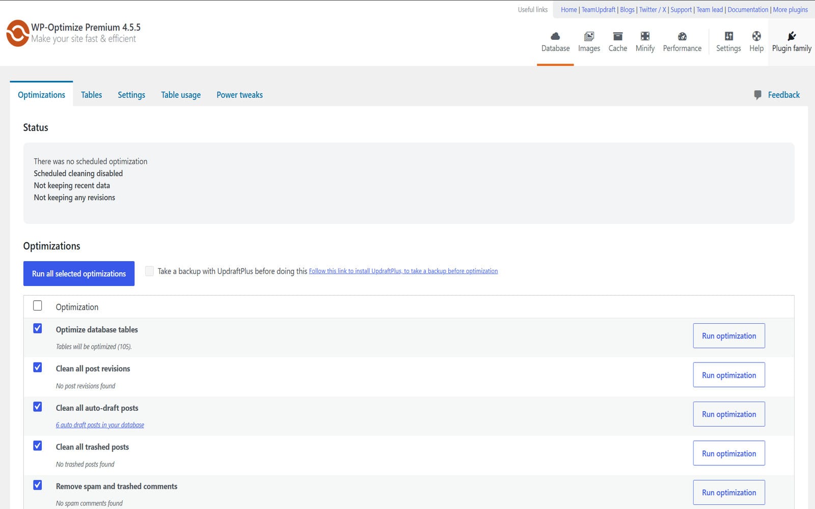 WP Optimize Premium-Plugin Panel Database w WP-Optimize Premium z listą operacji czyszczenia bazy danych i przyciskami uruchamiania poszczególnych zadań