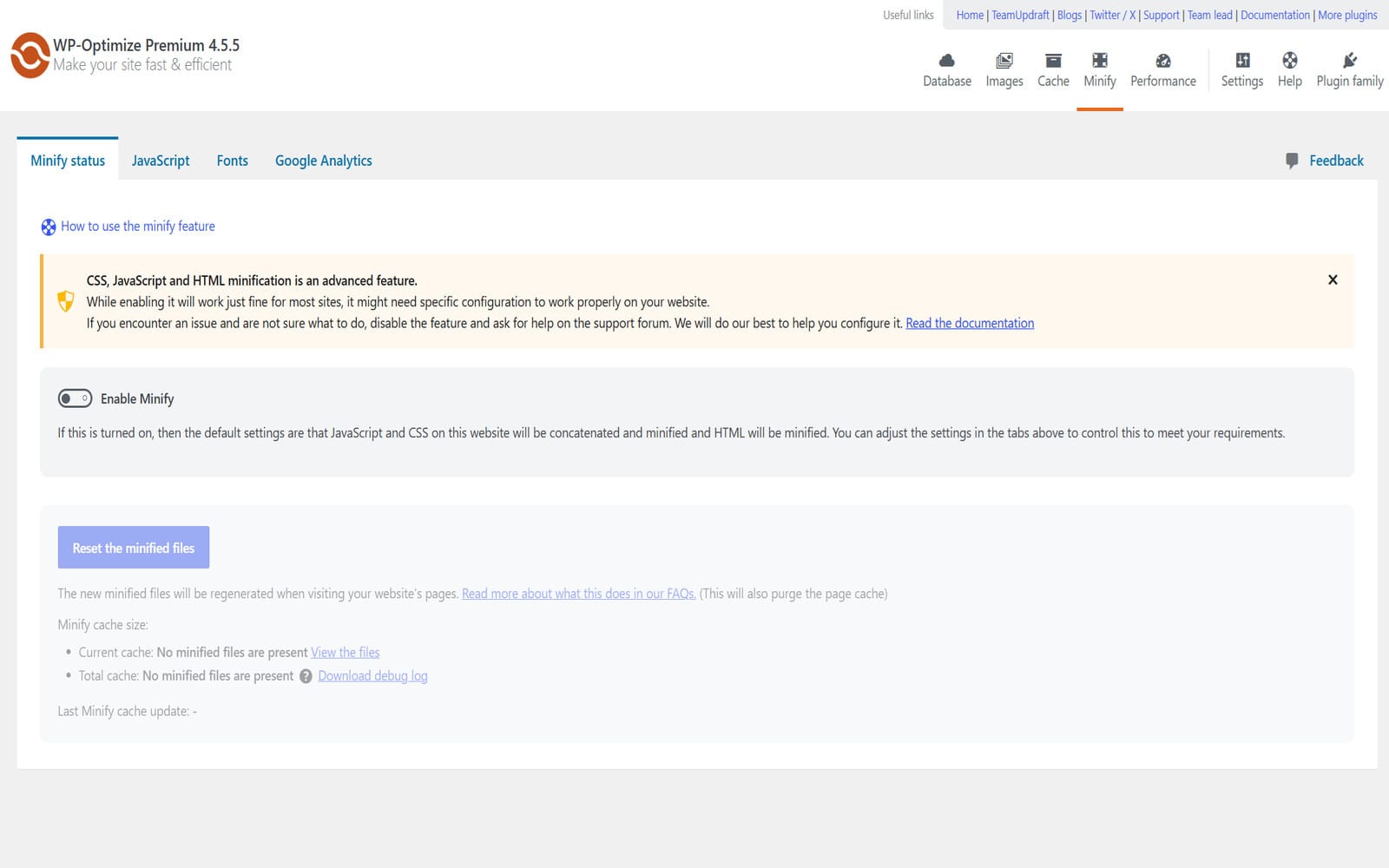 WP Optimize Premium-Plugin Zakładka Minify status z przełącznikiem włączenia minifikacji i informacją o statusie zminifikowanych plików CSS, JS i HTML