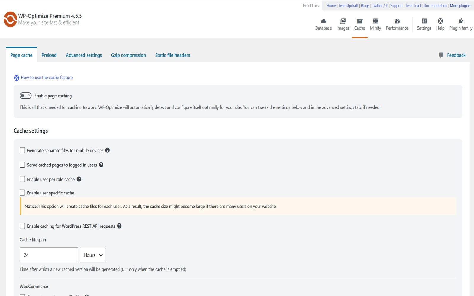 WP Optimize Premium-Plugin Zakładka Page cache z przełącznikiem włączenia buforowania i ustawieniami cache dla urządzeń mobilnych, ról użytkowników i WooCommerce