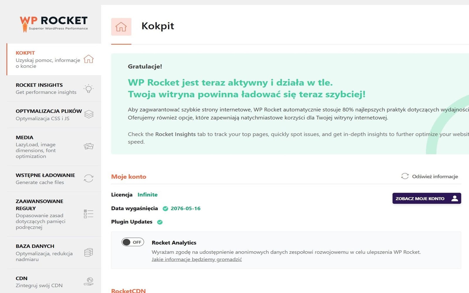 Wtyczka WP Rocket Ekran główny panelu WP Rocket po aktywacji wtyczki