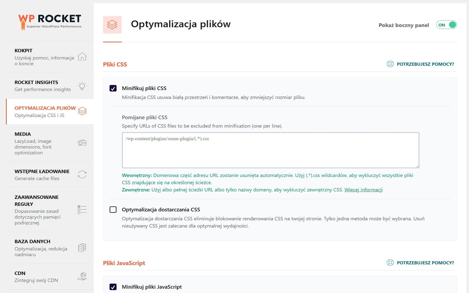 Wtyczka WP Rocket Zakładka File Optimization z opcjami minifikacji CSS, JS oraz Remove Unused CSS