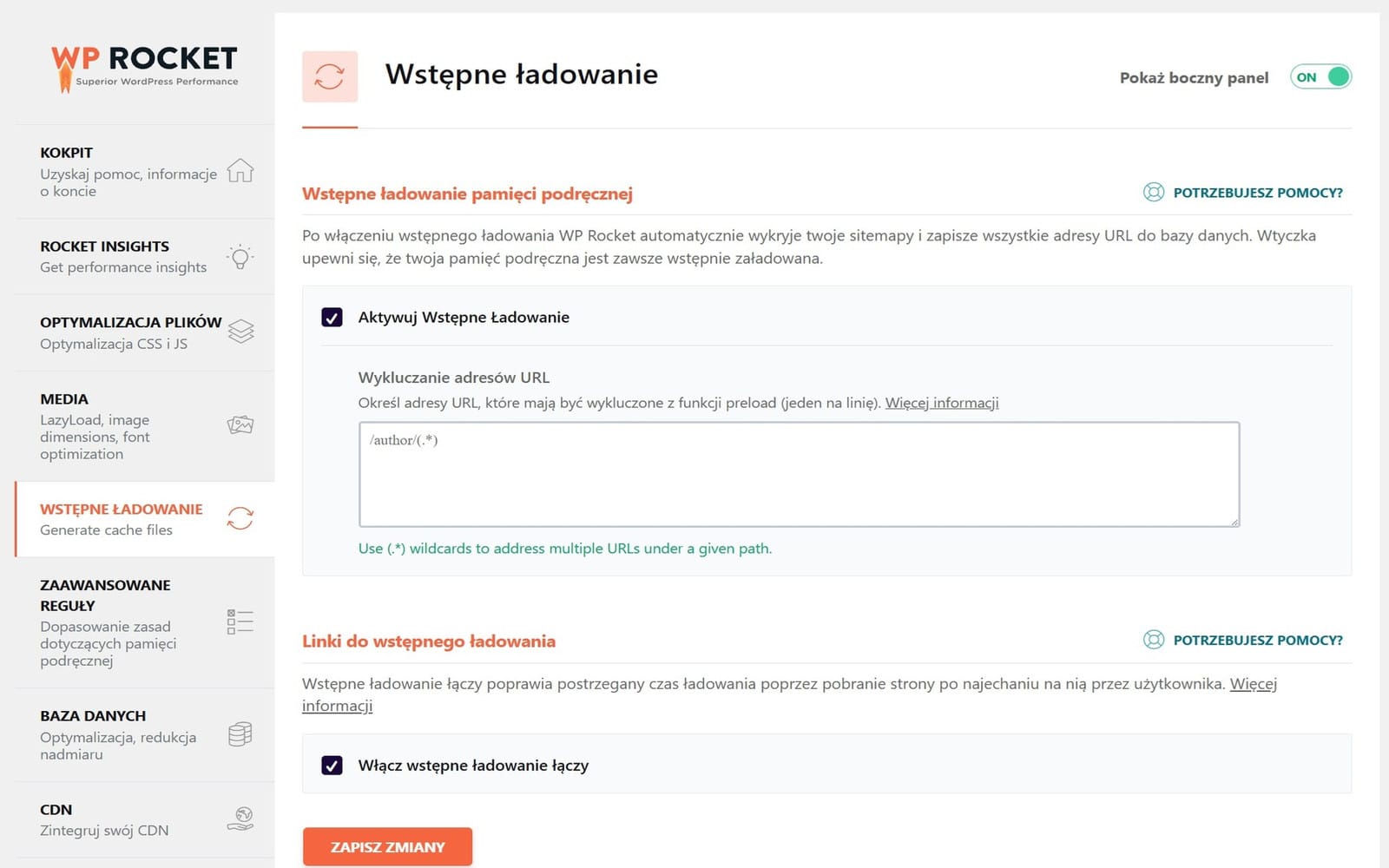 Wtyczka WP Rocket Zakładka Preload z ustawieniami preload cache i mechanizmu Preload Links