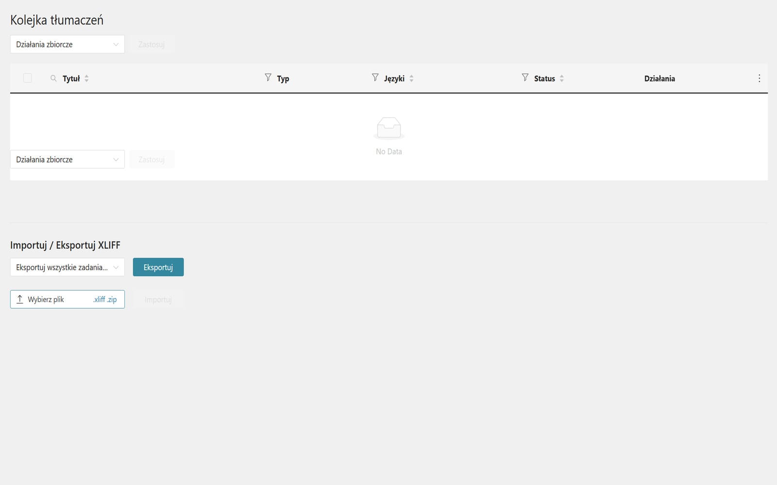 Wtyczka WPML Multilingual CMS WordPress Widok Translation Management z pustą kolejką tłumaczeń i sekcją importu oraz eksportu XLIFF