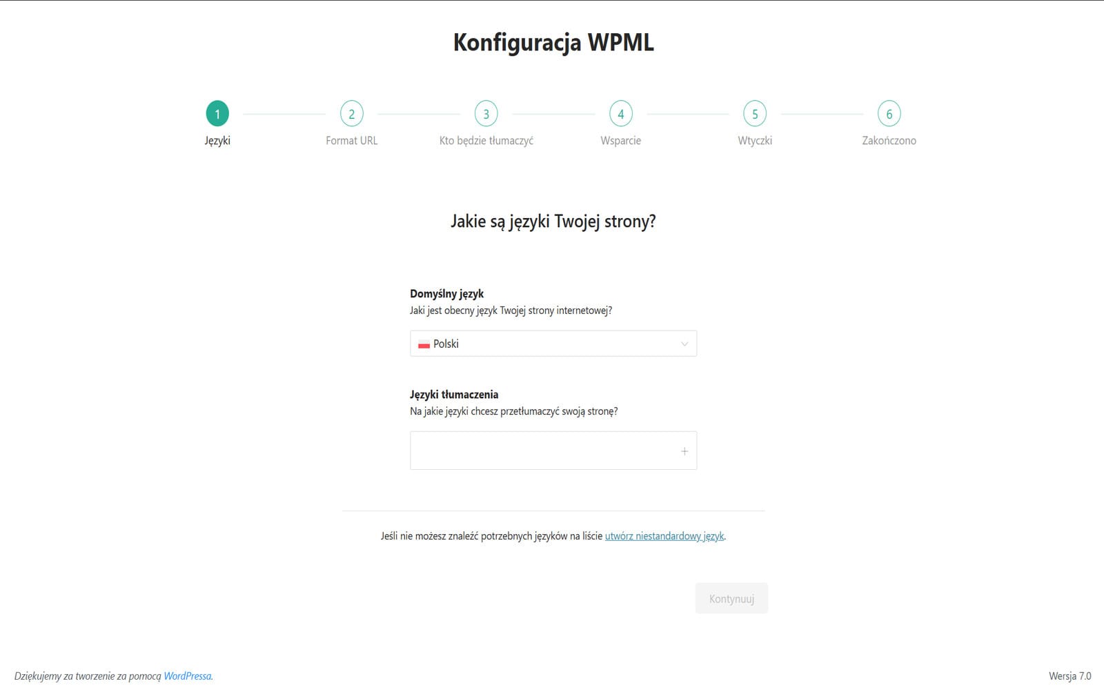 Wtyczka WPML Multilingual CMS WordPress Kreator konfiguracji WPML na kroku wyboru języków z ustawieniem domyślnego języka polskiego