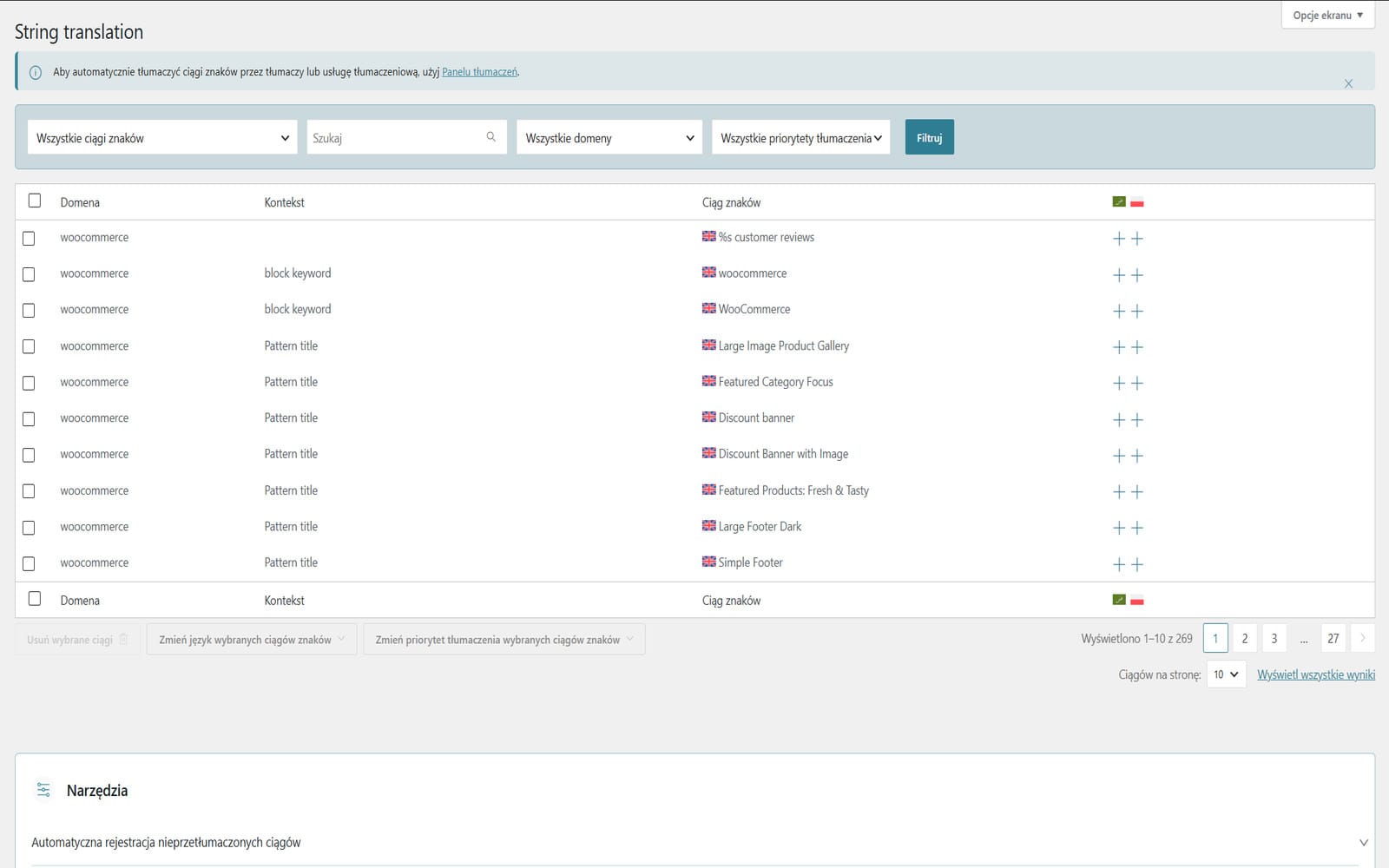 Wtyczka WPML Multilingual CMS WordPress Panel String Translation z listą 269 ciągów znaków domeny WooCommerce z filtrami i opcją zmiany języka