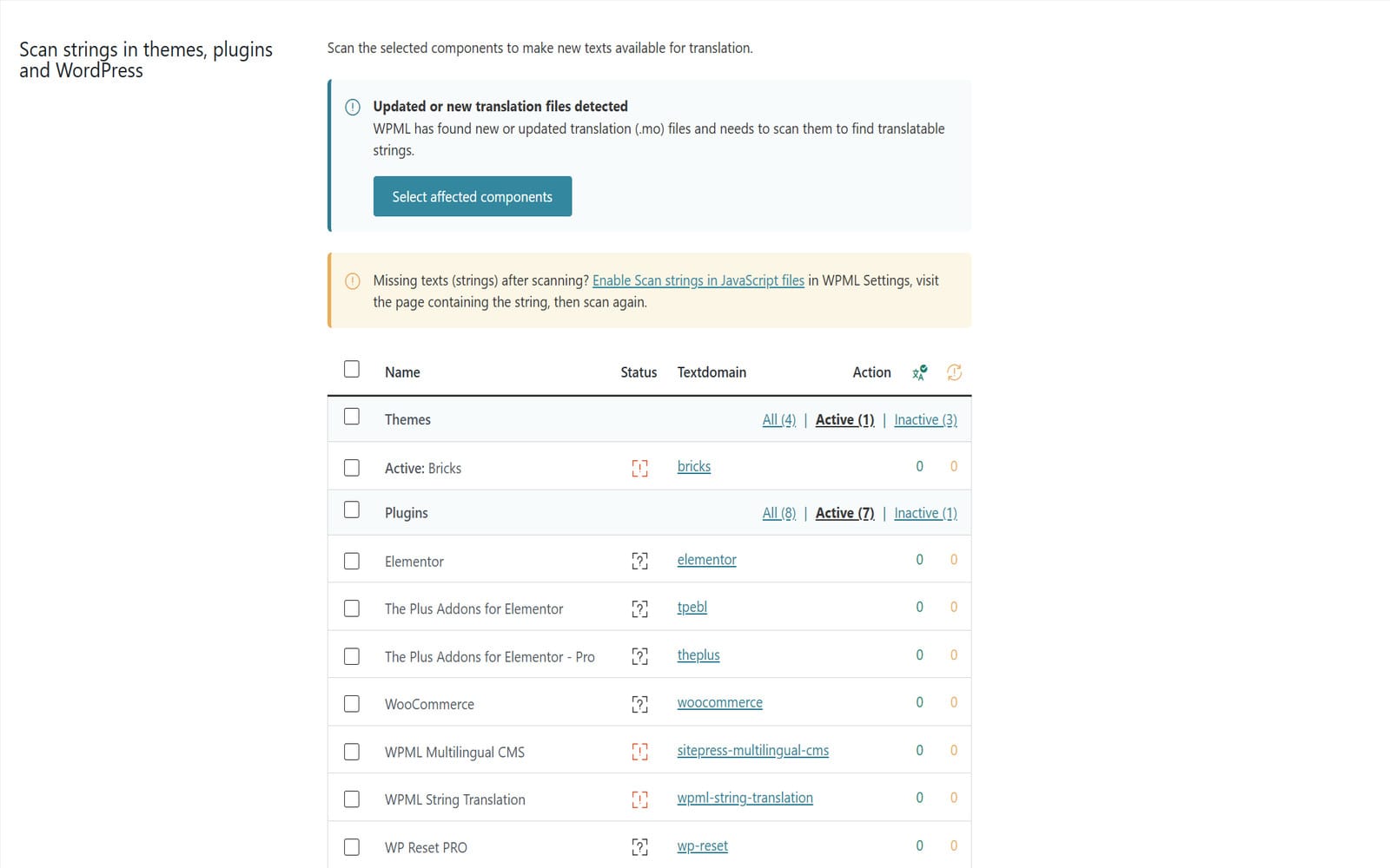 Wtyczka WPML Multilingual CMS WordPress Panel String Translation z listą komponentów do skanowania, w tym Elementor, WooCommerce i WPML Multilingual CMS