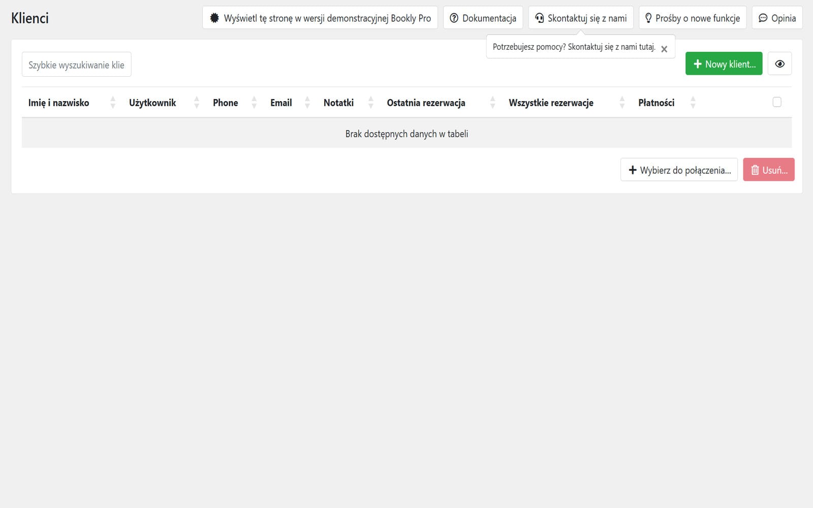 Wtyczka Bookly Pro Baza klientów Bookly Pro z historią rezerwacji, danymi kontaktowymi i statystyką płatności.