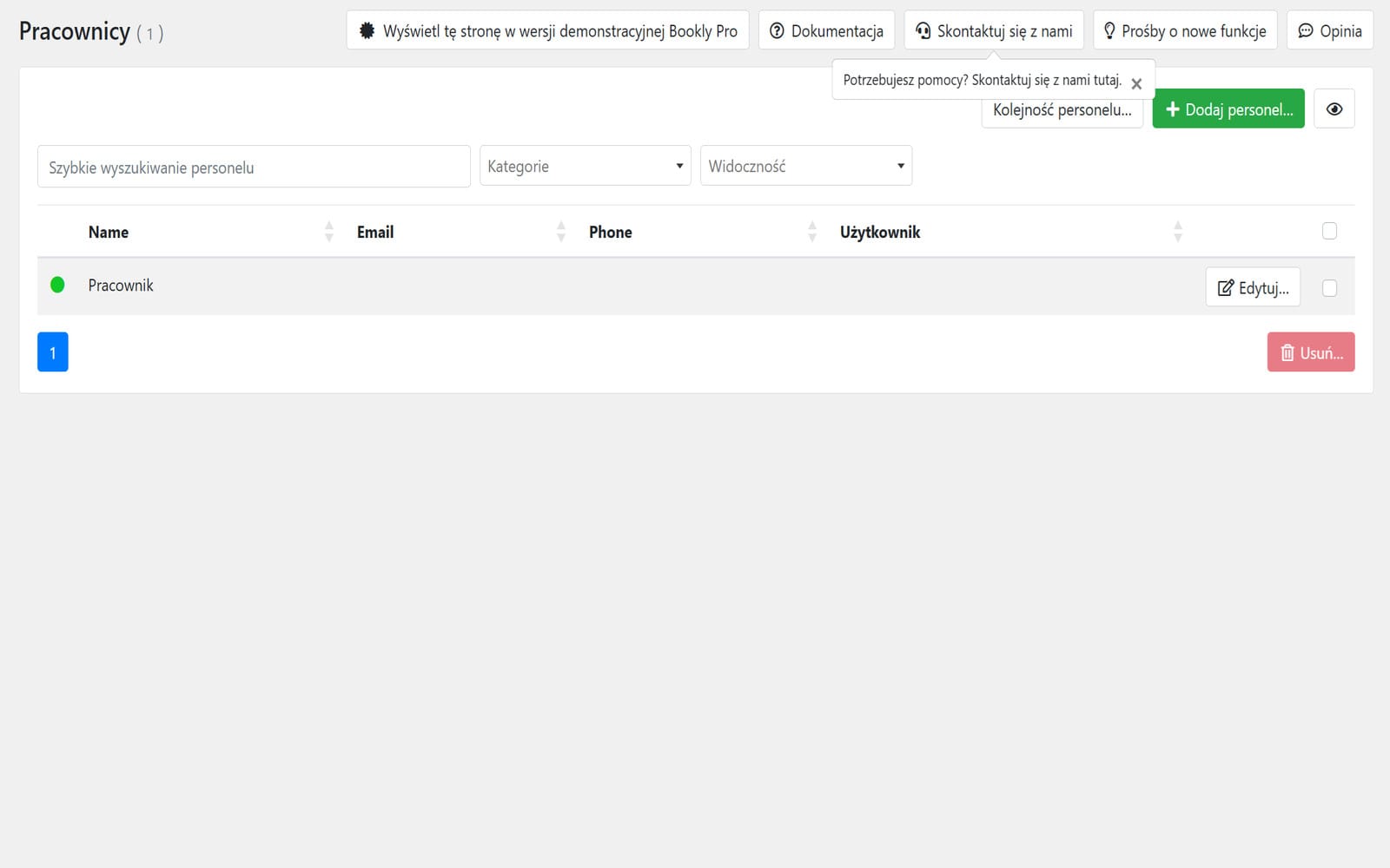 Wtyczka Bookly Pro Lista pracowników Bookly Pro z opcją dodawania personelu, ustawiania kolejności i filtrowania widoczności.