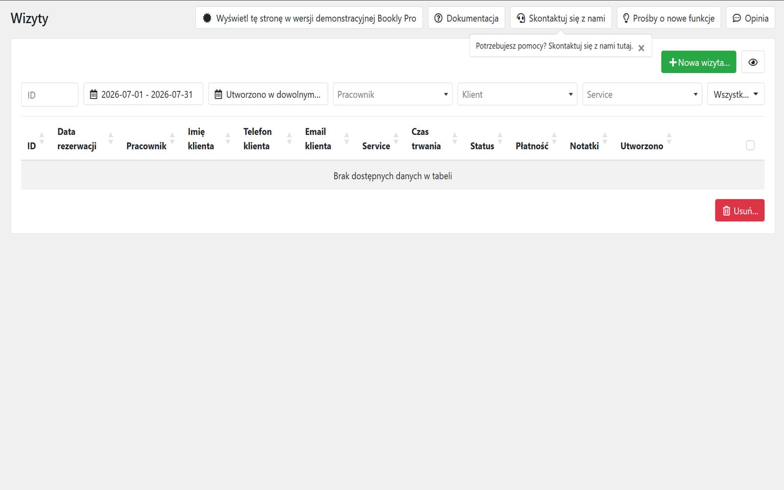 Wtyczka Bookly Pro Lista wizyt Bookly Pro z filtrami po dacie, pracowniku, kliencie i usłudze oraz kolumnami statusu i płatności.
