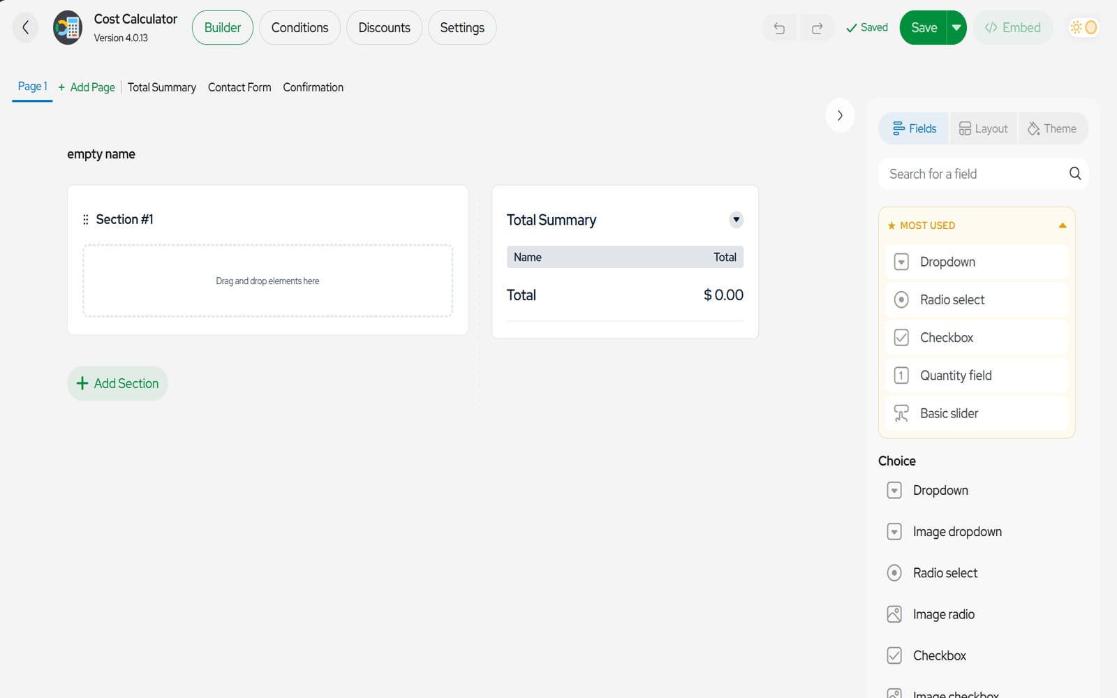 Wtyczka Cost Calculator Builder PRO Edytor Cost Calculator Builder PRO z panelem pól (Dropdown, Radio select, Checkbox, Image radio) i podglądem sekcji formularza oraz podsumowania Total Summary