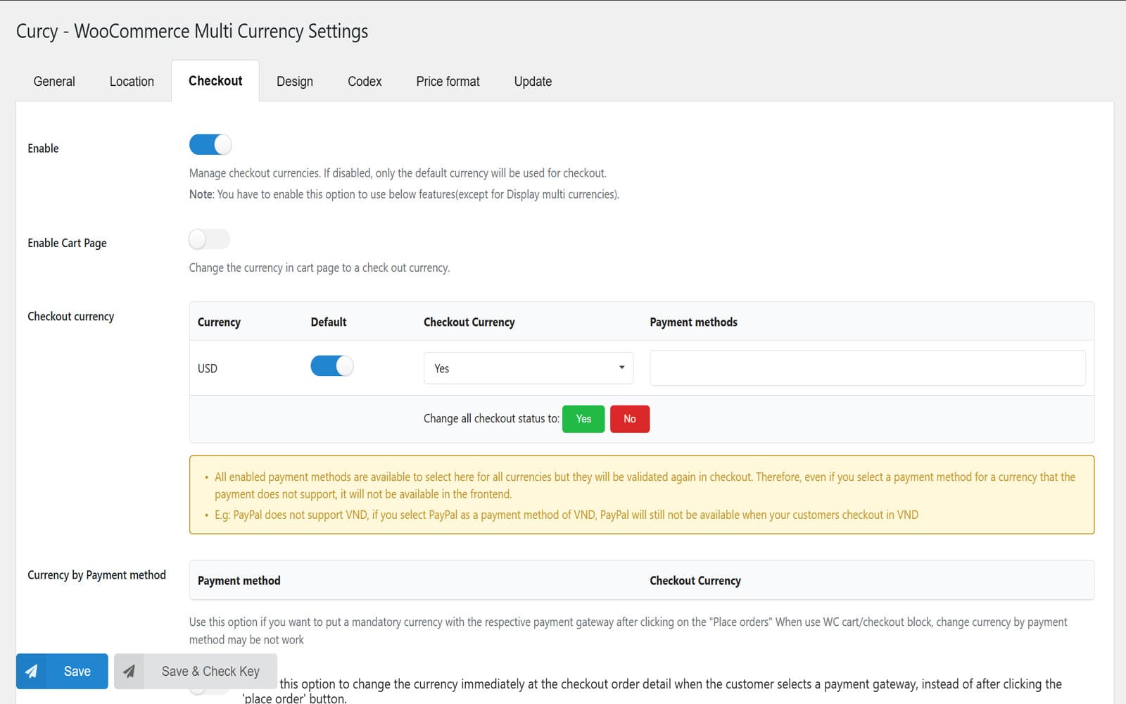 Wtyczka CURCY - WooCommerce Multi Currency - Currency Switcher Zakładka Checkout w CURCY z tabelą Checkout currency i sekcją Currency by Payment method dla wybranej waluty.