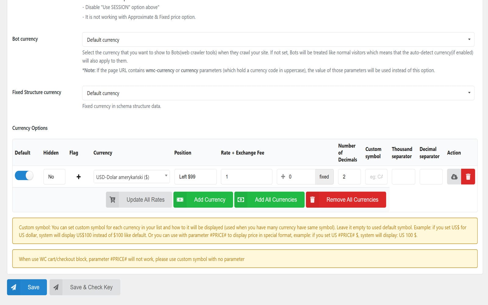 Wtyczka CURCY - WooCommerce Multi Currency - Currency Switcher Panel ustawień CURCY z tabelą Currency Options: pozycja, kurs, opłata wymiany i liczba miejsc dziesiętnych dla waluty USD.
