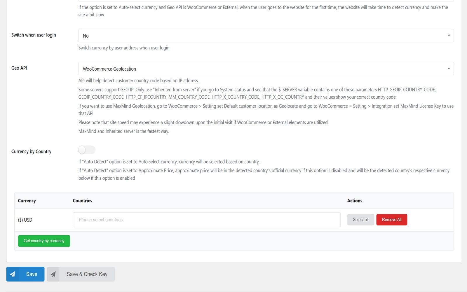 Wtyczka CURCY - WooCommerce Multi Currency - Currency Switcher Panel ustawień CURCY z wyborem Geo API i tabelą Currency by Country do przypisania waluty USD wybranym krajom.