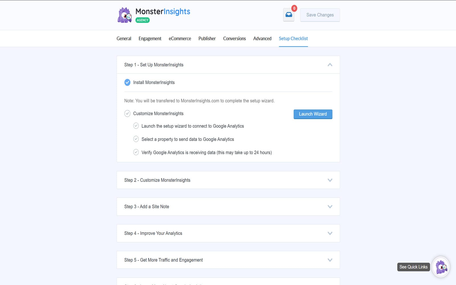 Wtyczka Monsterinsights Best Google Analytics Plugin For Wordpress Panel ustawień MonsterInsights z zakładką Setup Checklist, rozwiniętym pierwszym krokiem konfiguracji i przyciskiem Launch Wizard do uruchomienia kreatora połączenia z Google Analytics