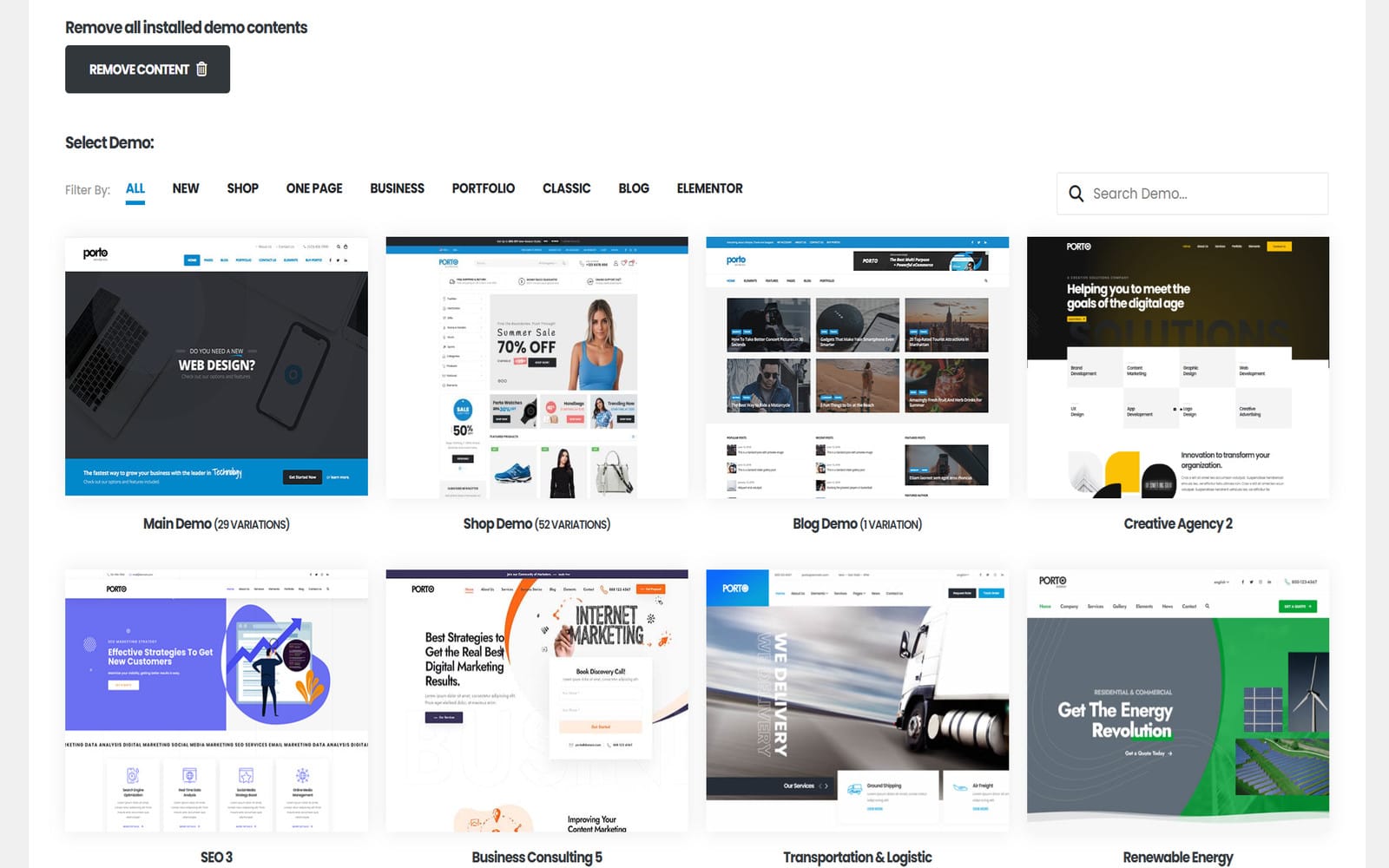 Szablon Porto WooCommerce Theme Panel Setup Wizarda motywu Porto z listą gotowych demo, filtrami kategorii (Shop, Business, Portfolio) i miniaturami układów takich jak Main Demo czy Shop Demo