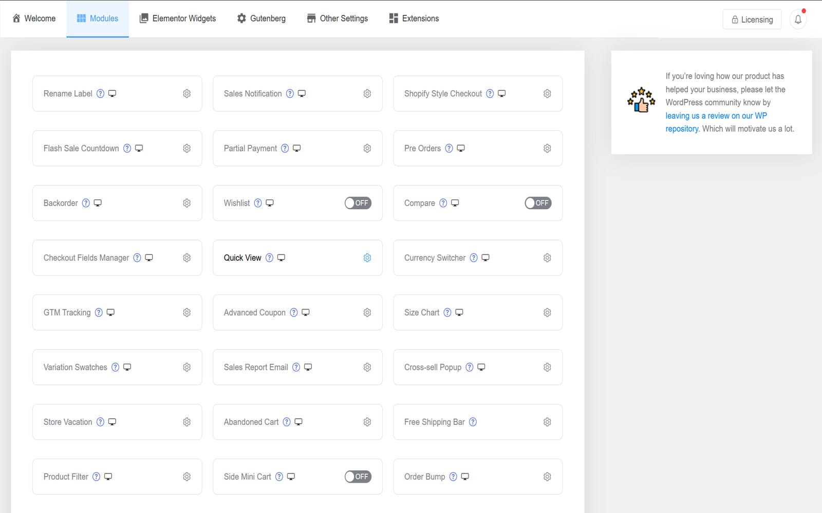 Wtyczka Shoplentor (Woolentor) Pro For Elementor Panel ustawień modułów wtyczki ShopLentor Pro z przełącznikami funkcji takich jak Quick View, Wishlist, Compare, Checkout Fields Manager i Abandoned Cart