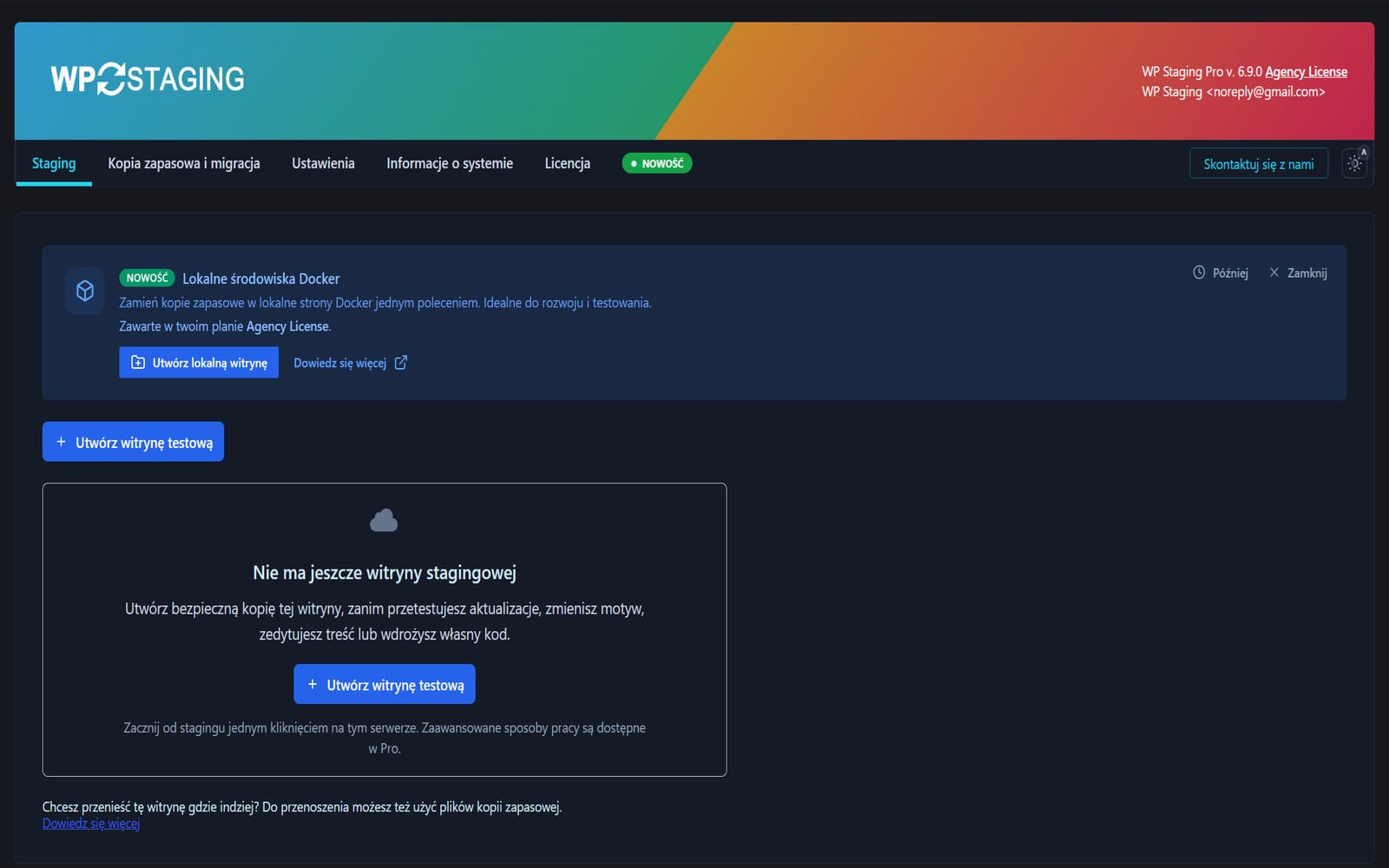 Wtyczka WP Staging Pro One Click Solution for Creating Staging Sites Zakładka Staging w panelu WP Staging Pro z pustym stanem i przyciskiem tworzenia witryny testowej