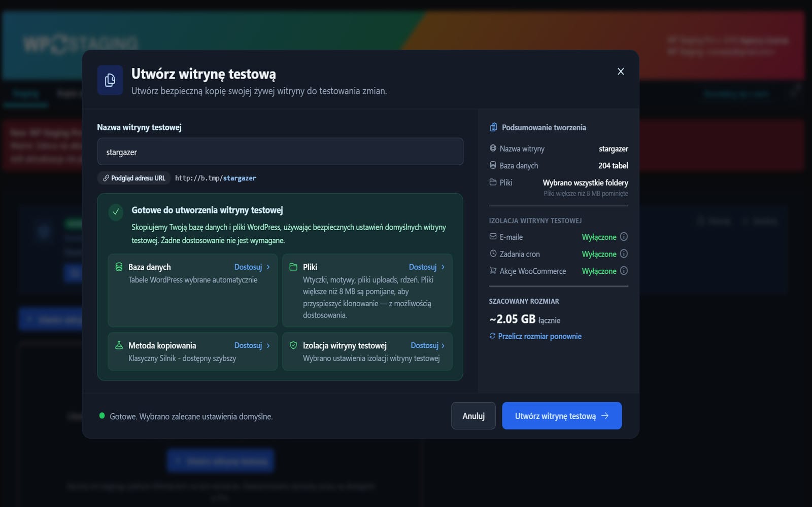 Wtyczka WP Staging Pro One Click Solution for Creating Staging Sites Okno tworzenia witryny testowej z podsumowaniem konfiguracji bazy danych, plików i izolacji stagingu