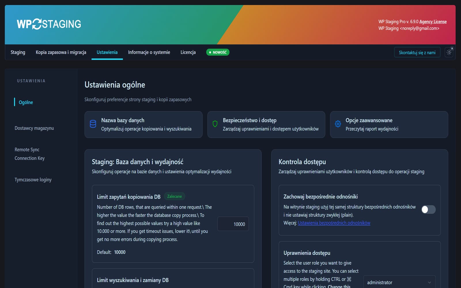 Wtyczka WP Staging Pro One Click Solution for Creating Staging Sites Zakładka ustawień ogólnych z limitem zapytań kopiowania bazy danych i kontrolą dostępu do stagingu