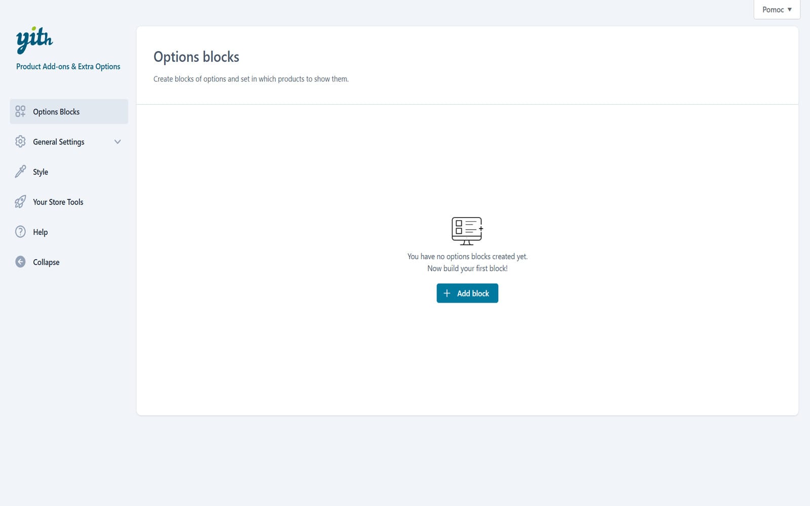 Wtyczka YITH WooCommerce Product Add-ons & Extra Options Premium Zakładka Options Blocks w panelu administracyjnym YITH Product Add-ons, w stanie początkowym przed utworzeniem pierwszego bloku opcji