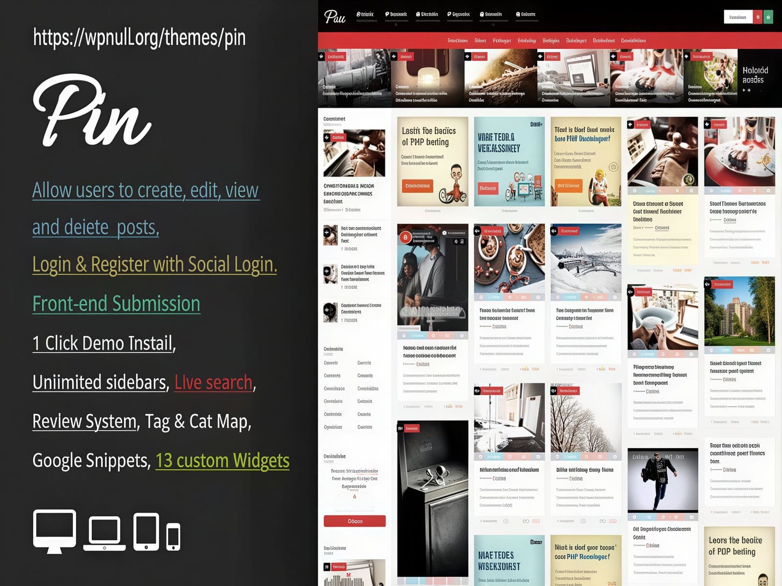 Szablon Pin Pinterest Style Personal Masonry Blog Front-end Submission